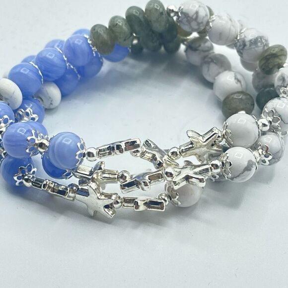 Starfish ocean beaded stretch bracelet ONE NEW blue lace agate howlite labradori - Picture 4 of 7